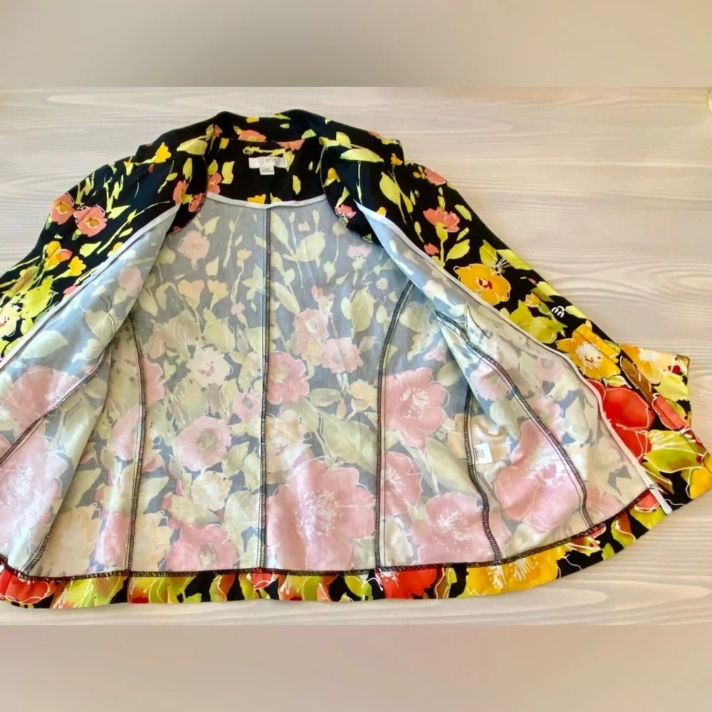 Erin London Petite Medium Floral Open Front Jacket Fitted Black Pink Yellow